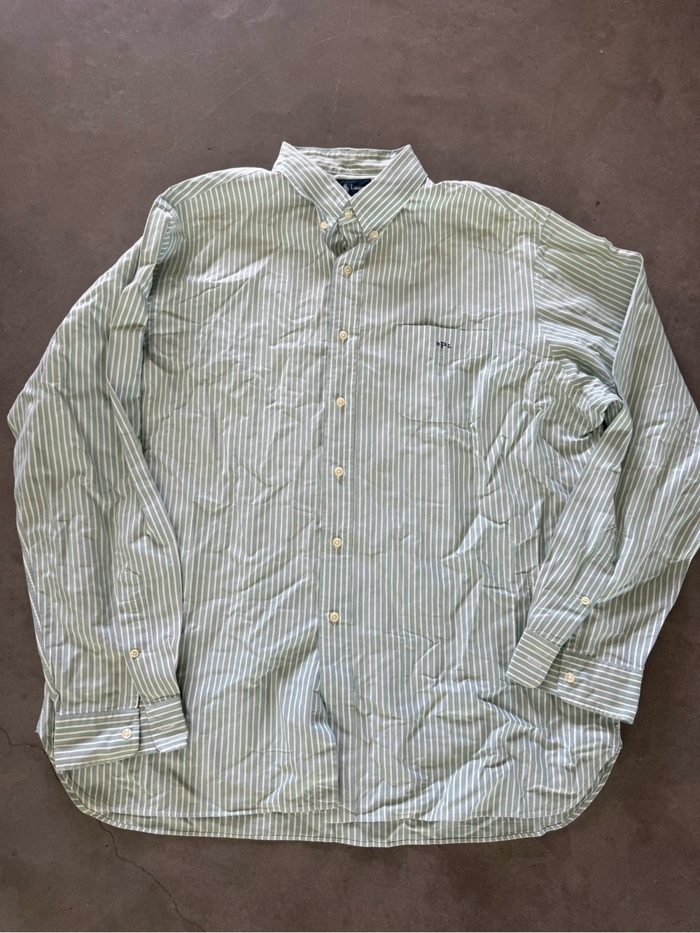 Ralph Lauren Light Green and White Striped Button-Down Shirt